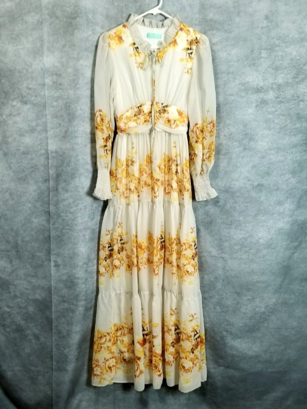 Toleen Floral Print Chiffon Maxi Dress Size M Yellow Rose Floral Tiered Smocked